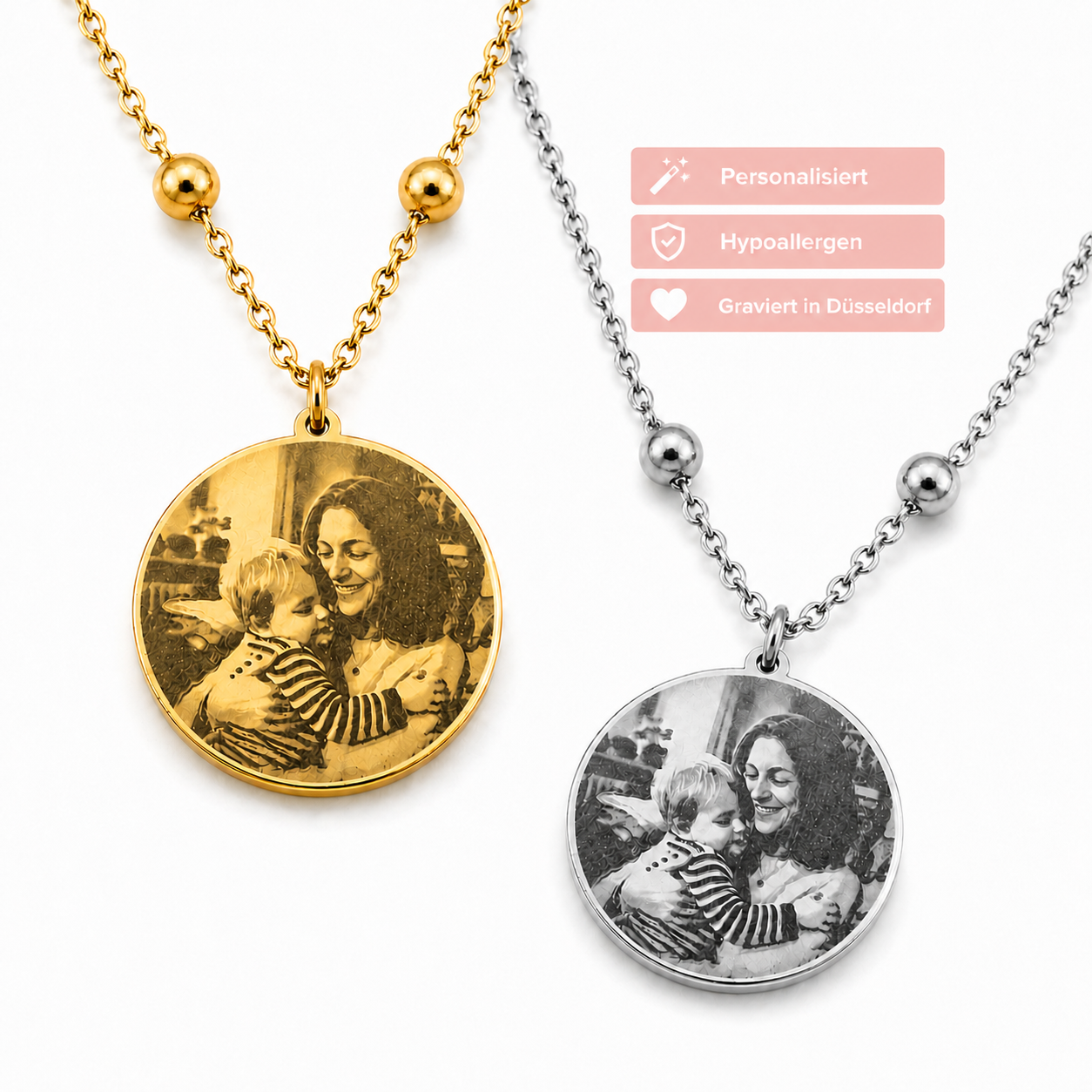 Personalisierte Foto Halsketten in Gold und Silber aus Edelstahl mit individueller Bildgravur, Erinnerungsschmuck für Familie, Mutter-Kind Moment und persönliche Geschenkidee