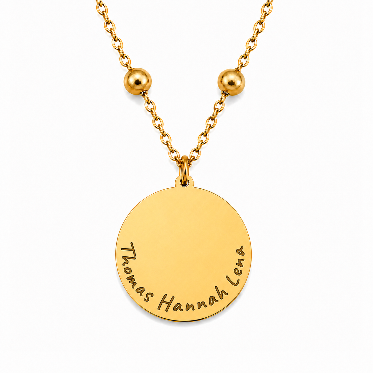 Goldenes personalisiertes Edelstahl Armband mit rundem Anhänger und Namensgravur „Thomas Hannah Lena“