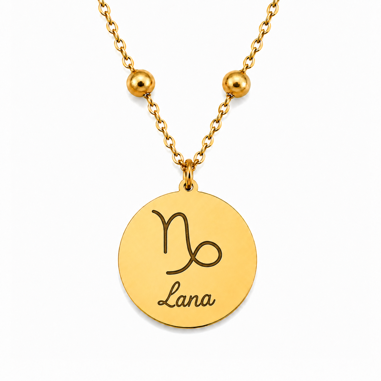 Goldenes personalisiertes Edelstahl Armband mit rundem Anhänger, Sternzeichen Steinbock und Namensgravur „Lana“