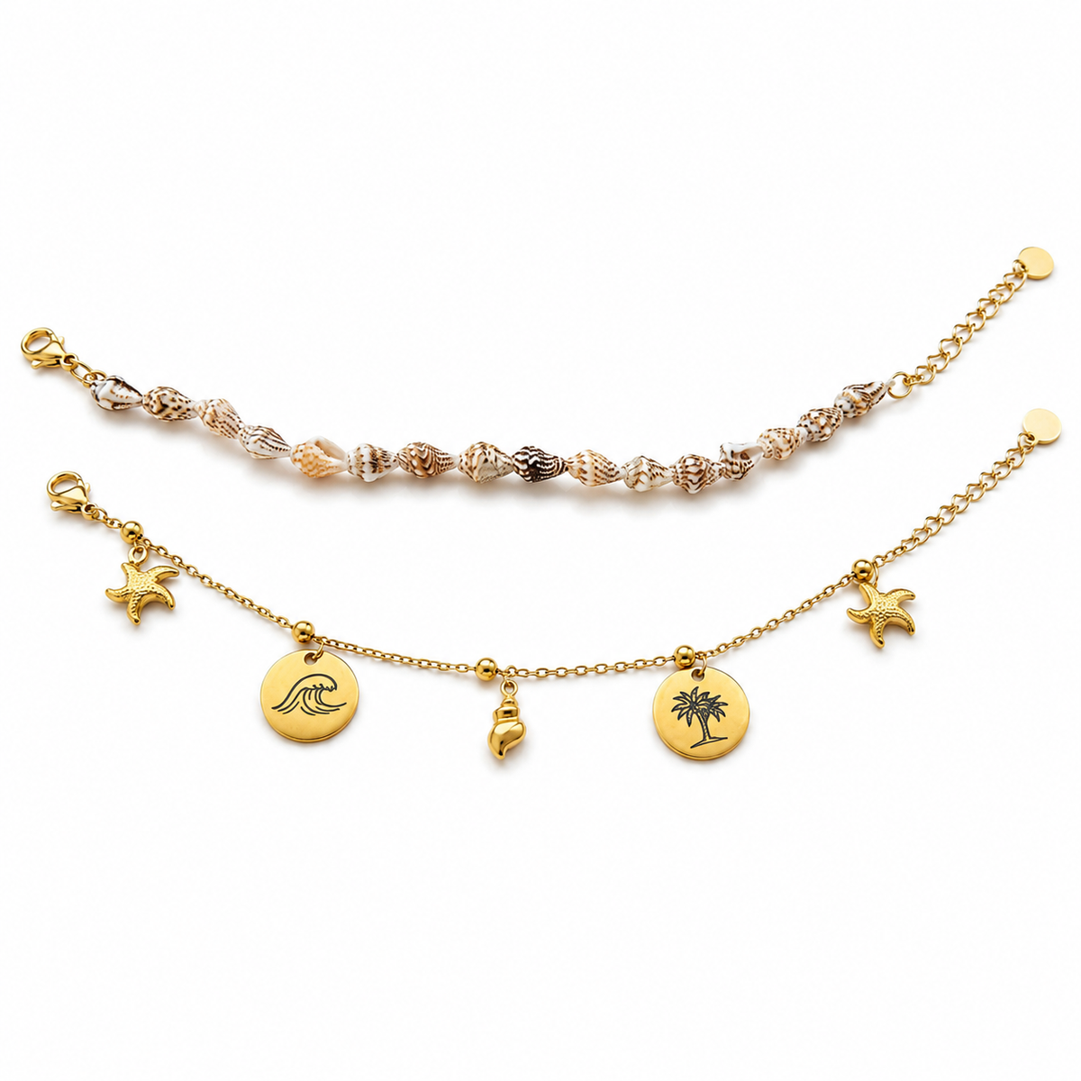 Goldenes Sommer Charm Armband mit Muscheln, Wellen, Palmen und Seesternen aus Edelstahl
