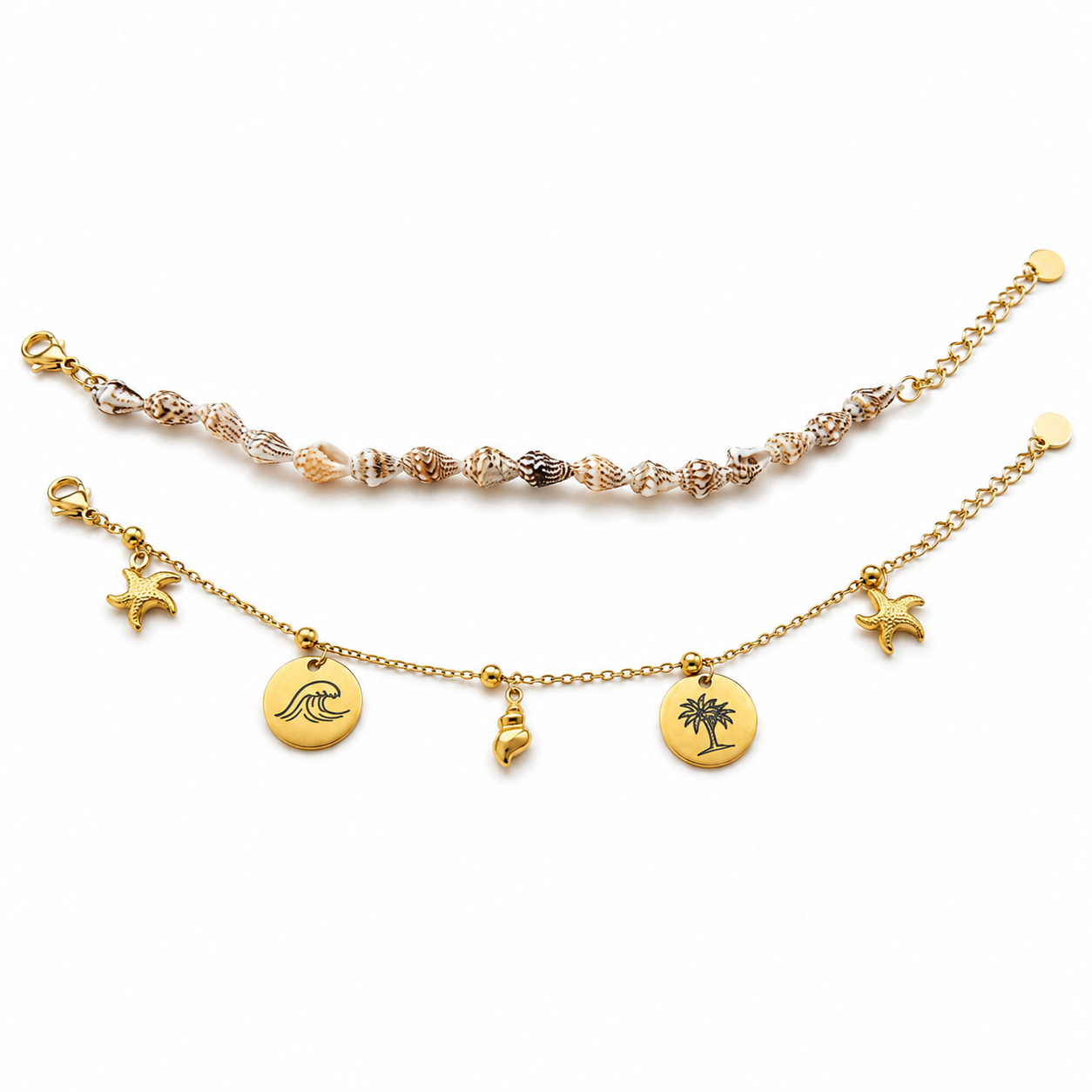 Goldenes Sommer Charm Armband mit Muscheln, Wellen, Palmen und Seesternen aus Edelstahl