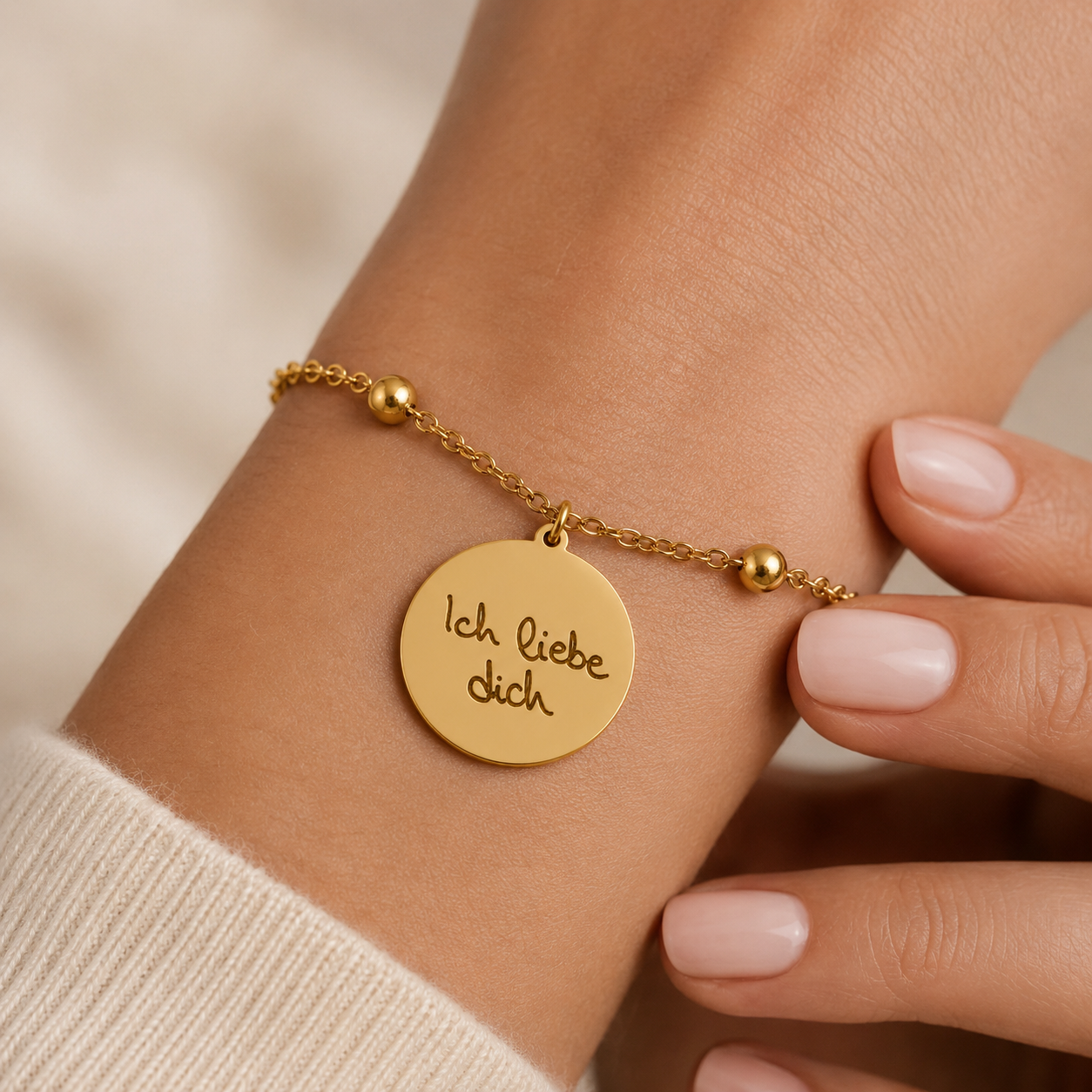 Goldenes personalisiertes Edelstahl Armband mit rundem Anhänger und Gravur „Ich liebe dich“, am Handgelenk getragen