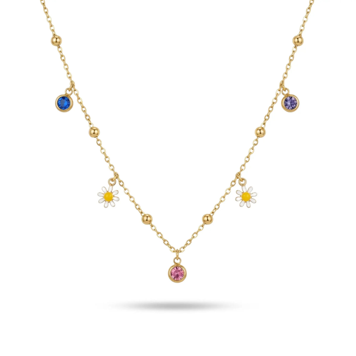 Goldfarbene Edelstahlkette mit Blumenanhängern und farbigen Kristallsteinen, elegante Damenhalskette mit zartem Design.