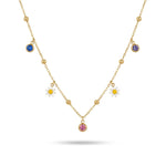 Goldfarbene Edelstahlkette mit Blumenanhängern und farbigen Kristallsteinen, elegante Damenhalskette mit zartem Design.