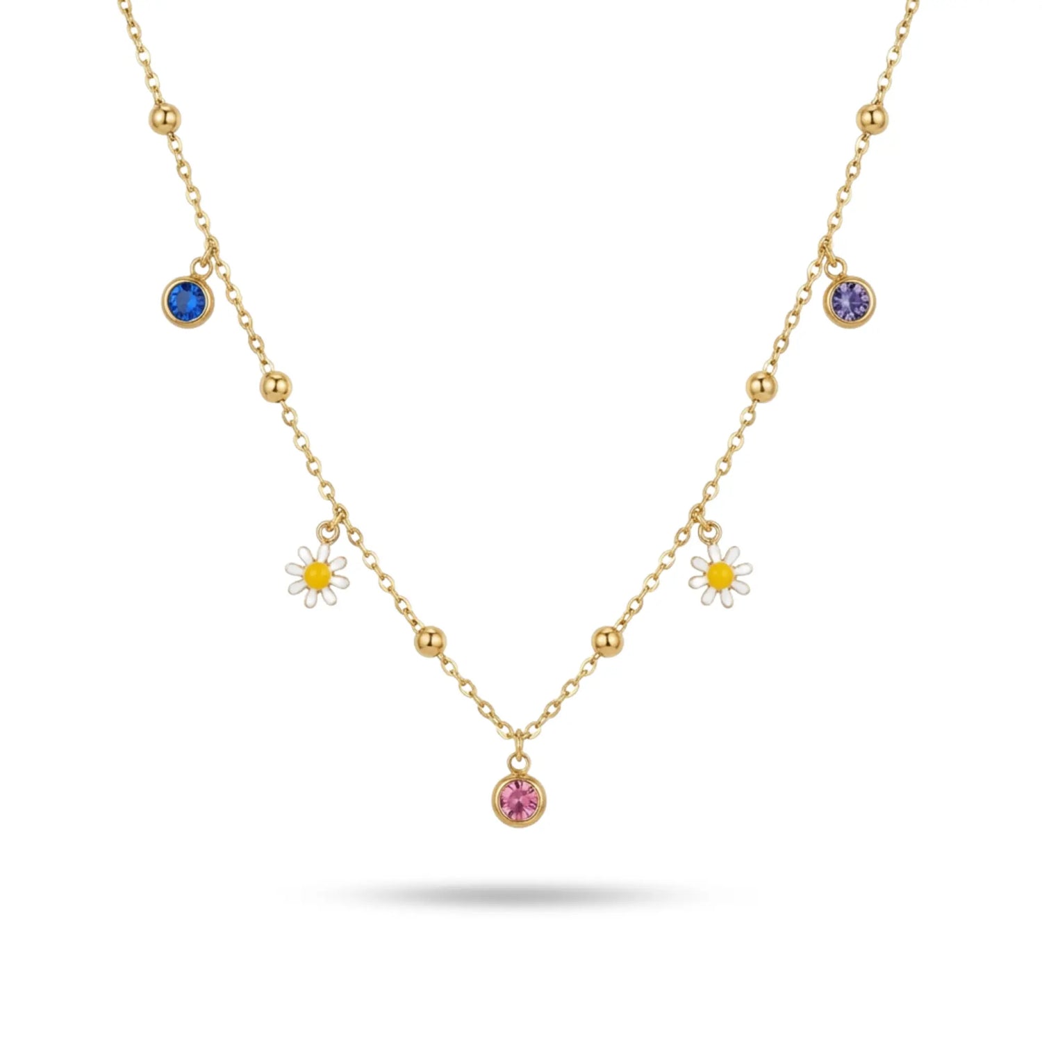 Goldfarbene Edelstahlkette mit Blumenanhängern und farbigen Kristallsteinen, elegante Damenhalskette mit zartem Design.