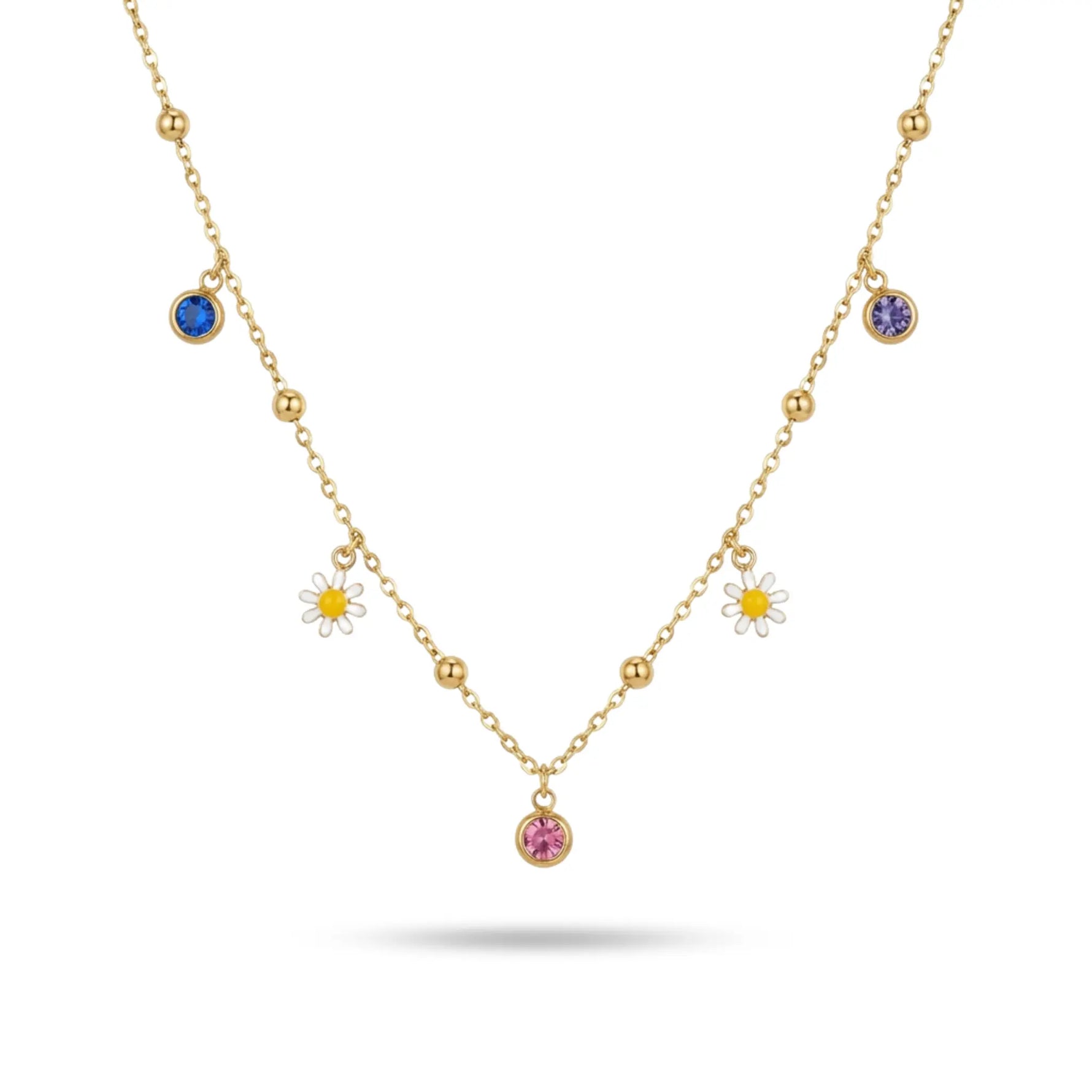 Goldfarbene Edelstahlkette mit Blumenanhängern und farbigen Kristallsteinen, elegante Damenhalskette mit zartem Design.
