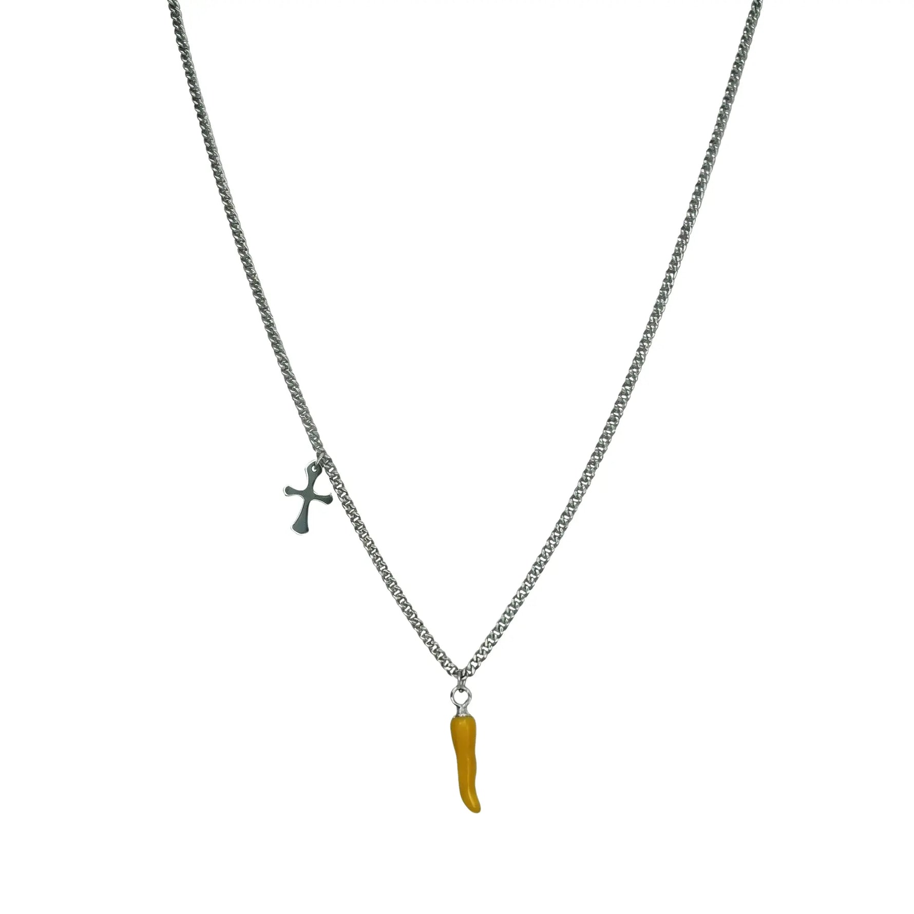 Edelstahlkette mit gelbem Chili-Anhänger und seitlichem Kreuz, symbolische Halskette aus Edelstahl.