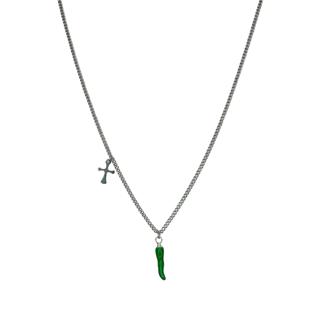Edelstahlkette mit grünem Chili-Anhänger und kleinem Kreuz, symbolischer Schmuck aus Edelstahl.