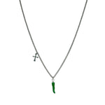 Edelstahlkette mit grünem Chili-Anhänger und kleinem Kreuz, symbolischer Schmuck aus Edelstahl.