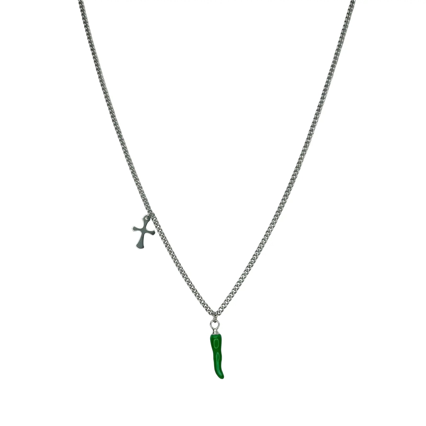 Edelstahlkette mit grünem Chili-Anhänger und kleinem Kreuz, symbolischer Schmuck aus Edelstahl.