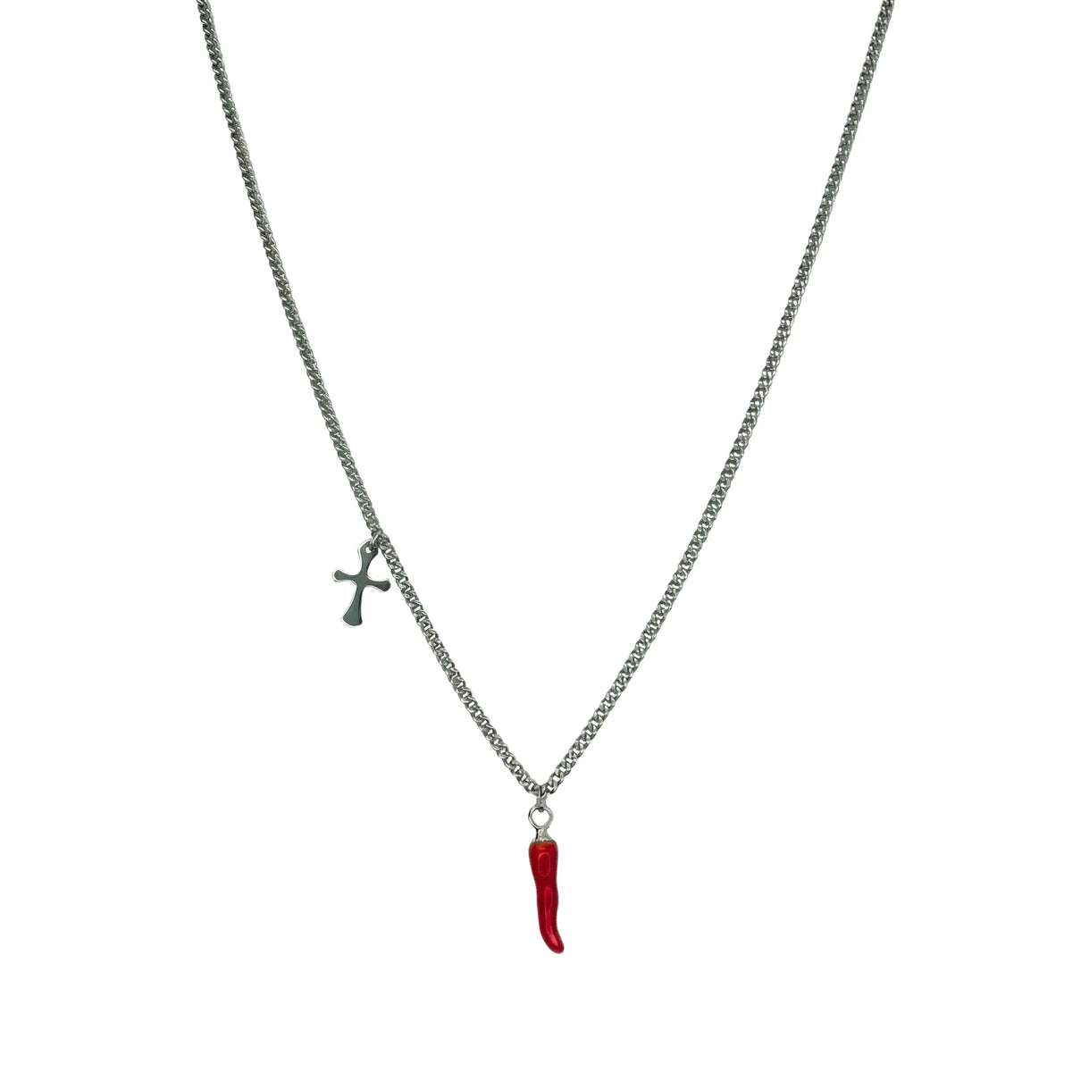 Silberfarbene Halskette mit rotem Chili-Anhänger und Kreuz-Detail, moderner Glücksanhänger.