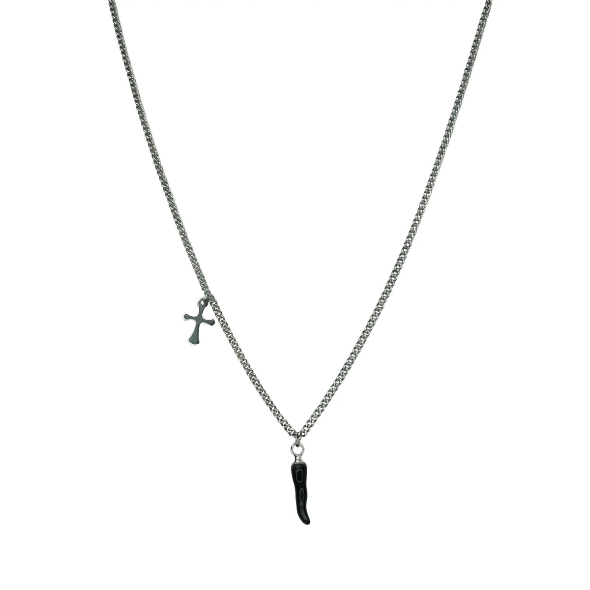 Silberfarbene Edelstahlkette mit schwarzem Chili-Anhänger und Kreuz, schlichtes und elegantes Design.