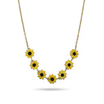 Goldene Blumen-Halskette aus Edelstahl mit gelben Sonnenblumen-Elementen, floraler Schmuck auf weißem Hintergrund