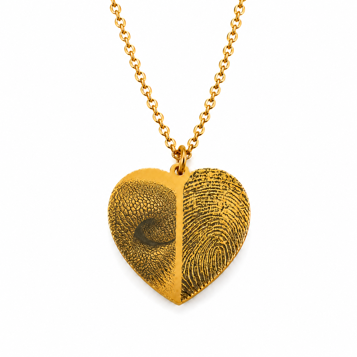 Goldene Herzkette mit individueller Haustier Nase und Fingerabdruck Gravur