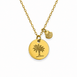 Goldene Edelstahl Halskette mit gravierter Palme und Muschel Anhänger im minimalistischen Sommer Design
