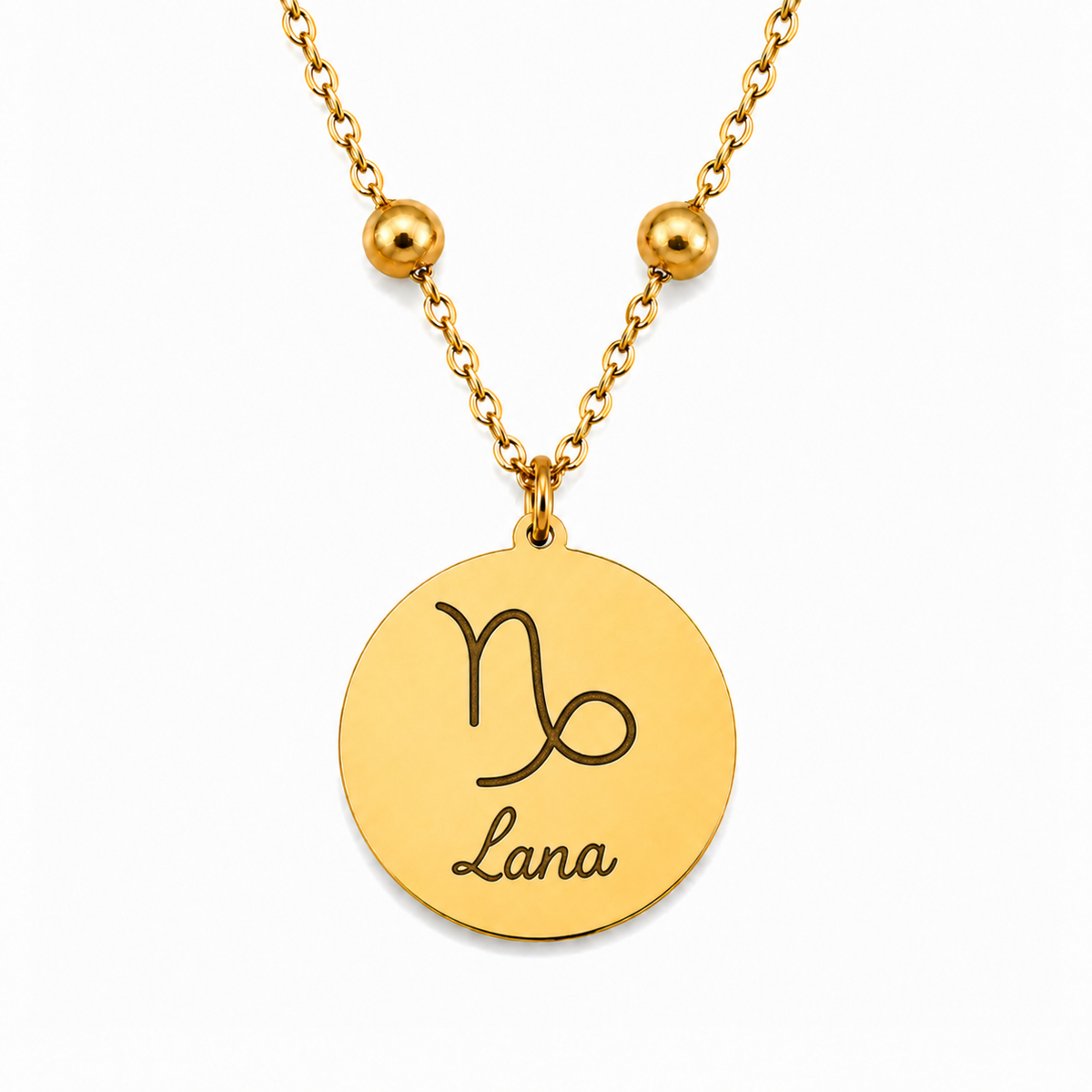 Goldene personalisierte Edelstahl Halskette mit rundem Anhänger, Sternzeichen Steinbock und Gravur „Lana“