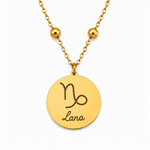 Goldene personalisierte Edelstahl Halskette mit rundem Anhänger, Sternzeichen Steinbock und Gravur „Lana“