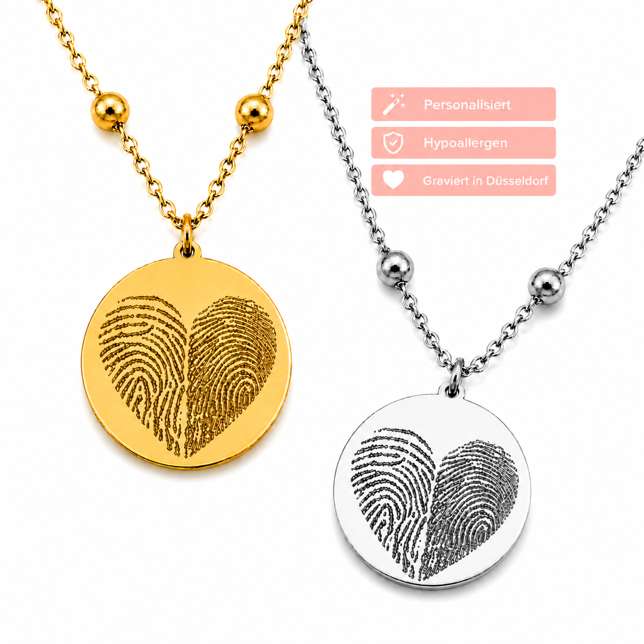 Goldene und silberne personalisierte Edelstahl Halsketten mit Fingerabdruck Herz Gravur im Vergleich, auf weißem Hintergrund mit Feature Icons Personalisiert, Hypoallergen und Graviert in Düsseldorf