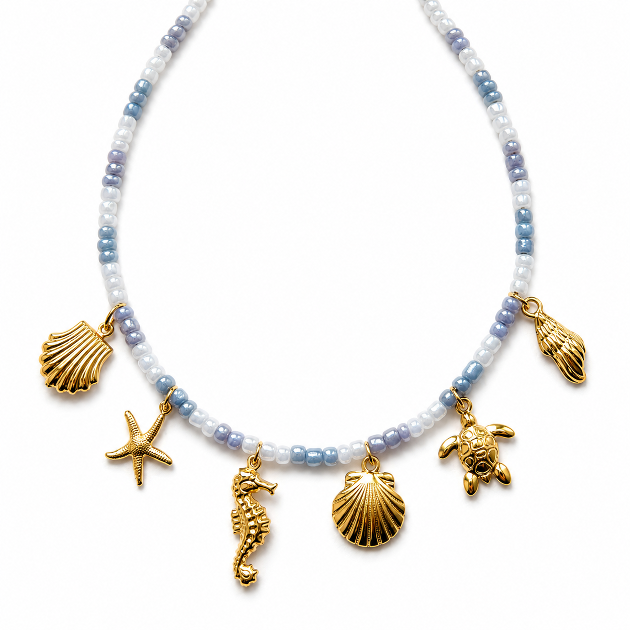 Goldene Sommer Charm Halskette mit Muscheln, Seestern, Schildkröte und Seepferdchen Anhängern