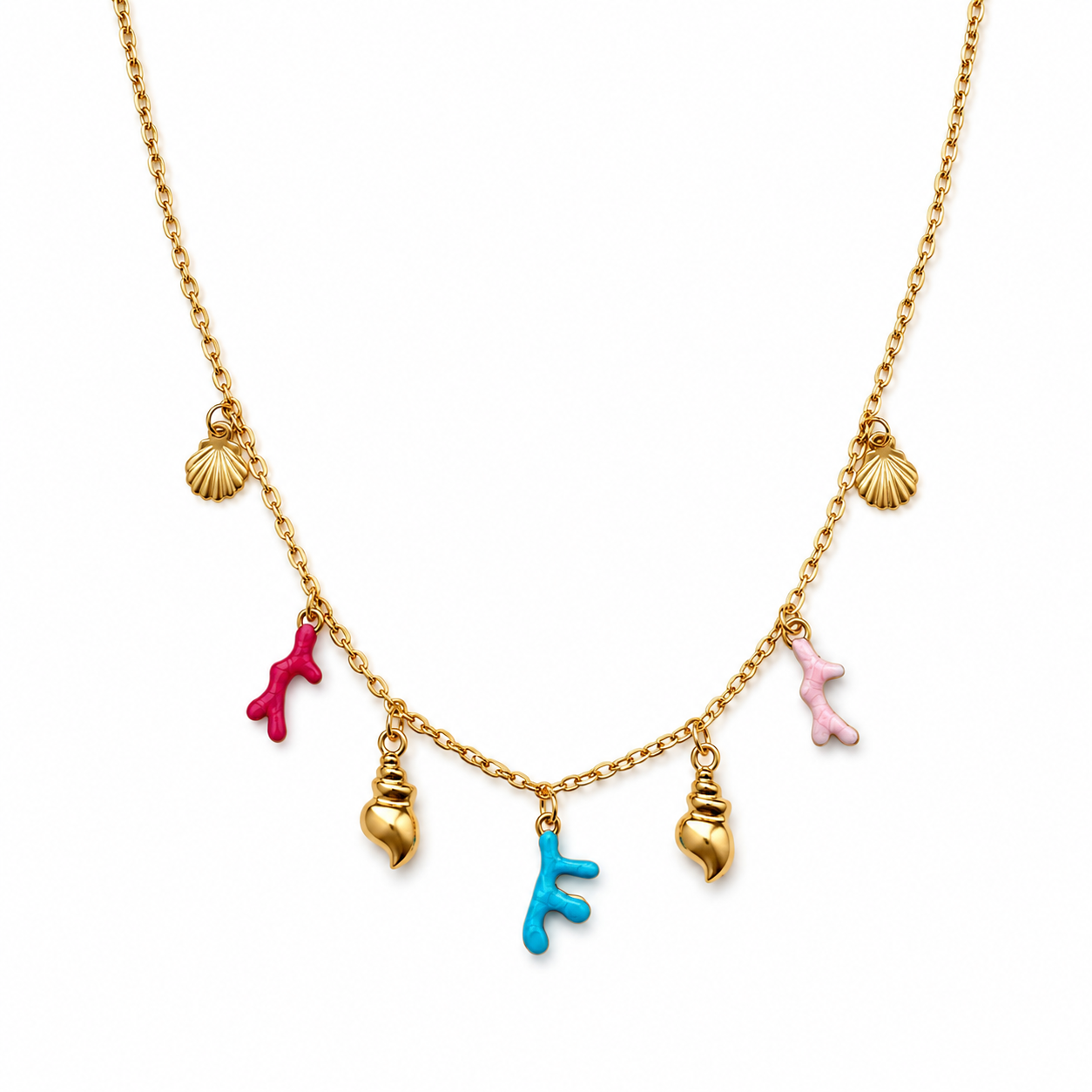 Goldene Sommer Halskette mit bunten Korallen Anhängern und Muschel Charms