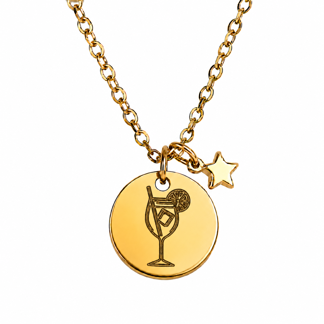Goldene Spritz Halskette mit Cocktail Gravur und Stern Anhänger