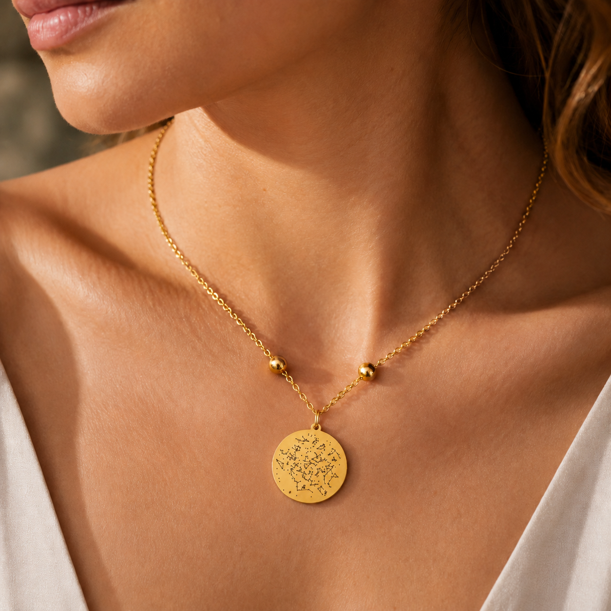 Frau trägt personalisierte goldene Sternenhimmel Halskette mit Sternbild Gravur