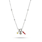 Silberne Edelstahl Halskette mit Herz-, Blumen- und rotem Chili-Anhänger auf weißem Hintergrund