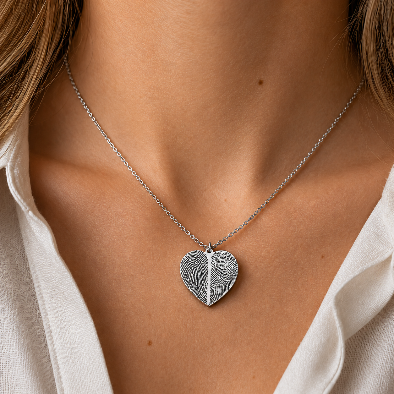 Frau trägt silberne Herzkette mit Fingerabdruck Gravur als personalisierten Partnerschmuck