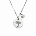 Silberne Edelstahl Halskette mit Palmen Gravur und Muschel Charm im Sommer Stil