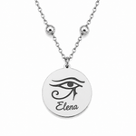 Silberne personalisierte Edelstahl Halskette mit rundem Anhänger, Auge des Horus Motiv und Namensgravur „Elena“