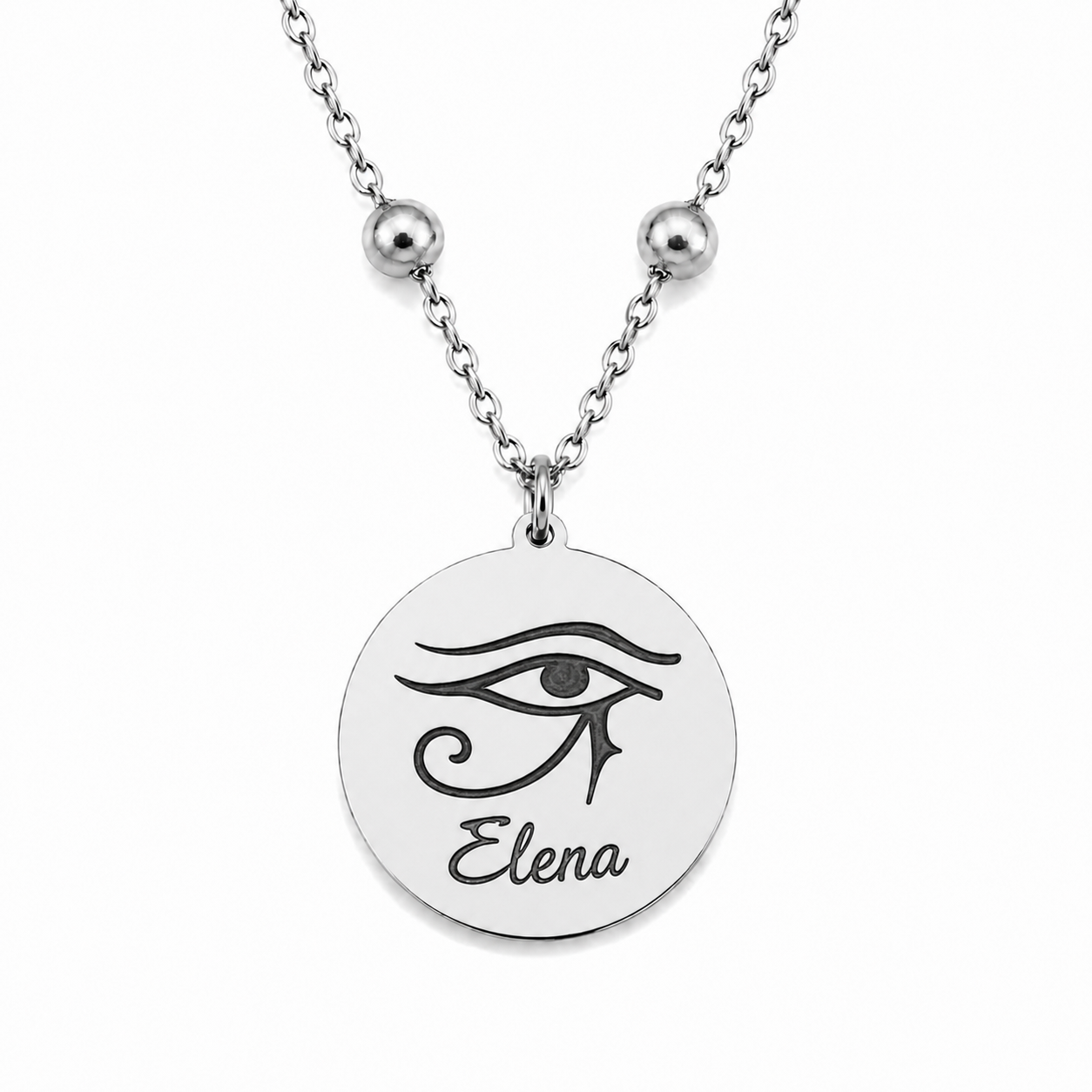 Silberne personalisierte Edelstahl Halskette mit rundem Anhänger, Auge des Horus Motiv und Namensgravur „Elena“