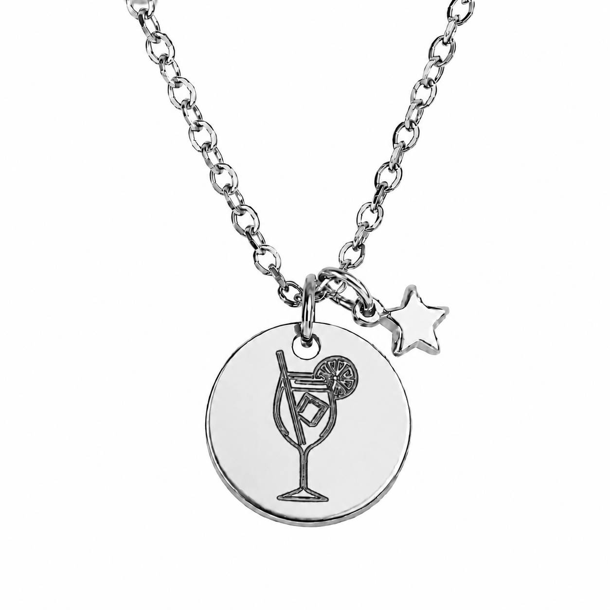 Silberne Cocktail Halskette mit Spritz Gravur und Stern Charm