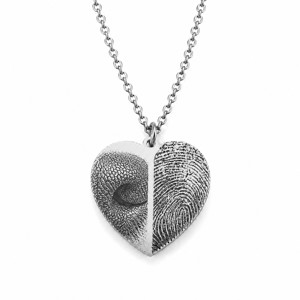 Silberne Herzkette mit Fingerabdruck und Tiernase Gravur aus Edelstahl