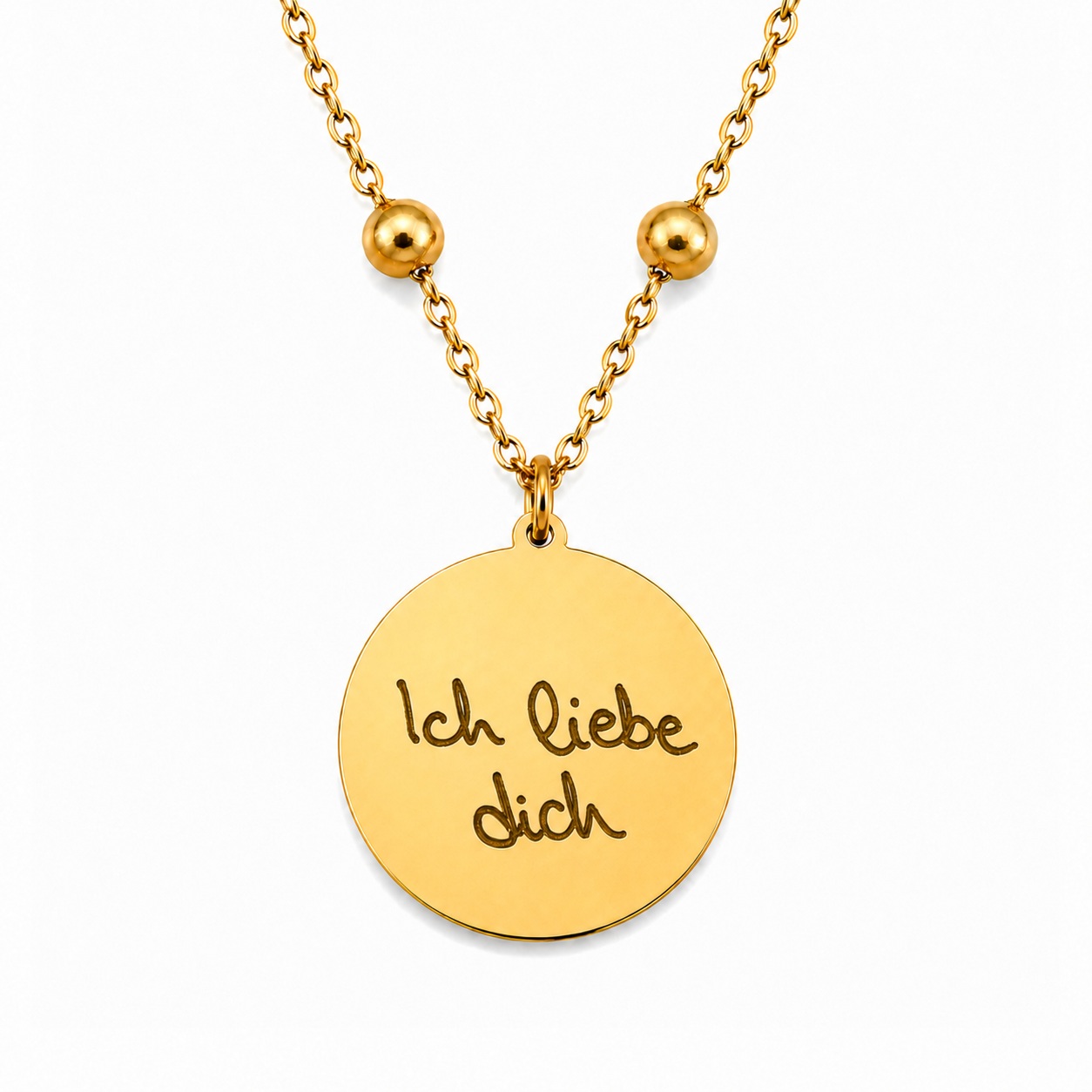 Goldenes personalisiertes Edelstahl Armband mit rundem Anhänger und Gravur „Ich liebe dich“