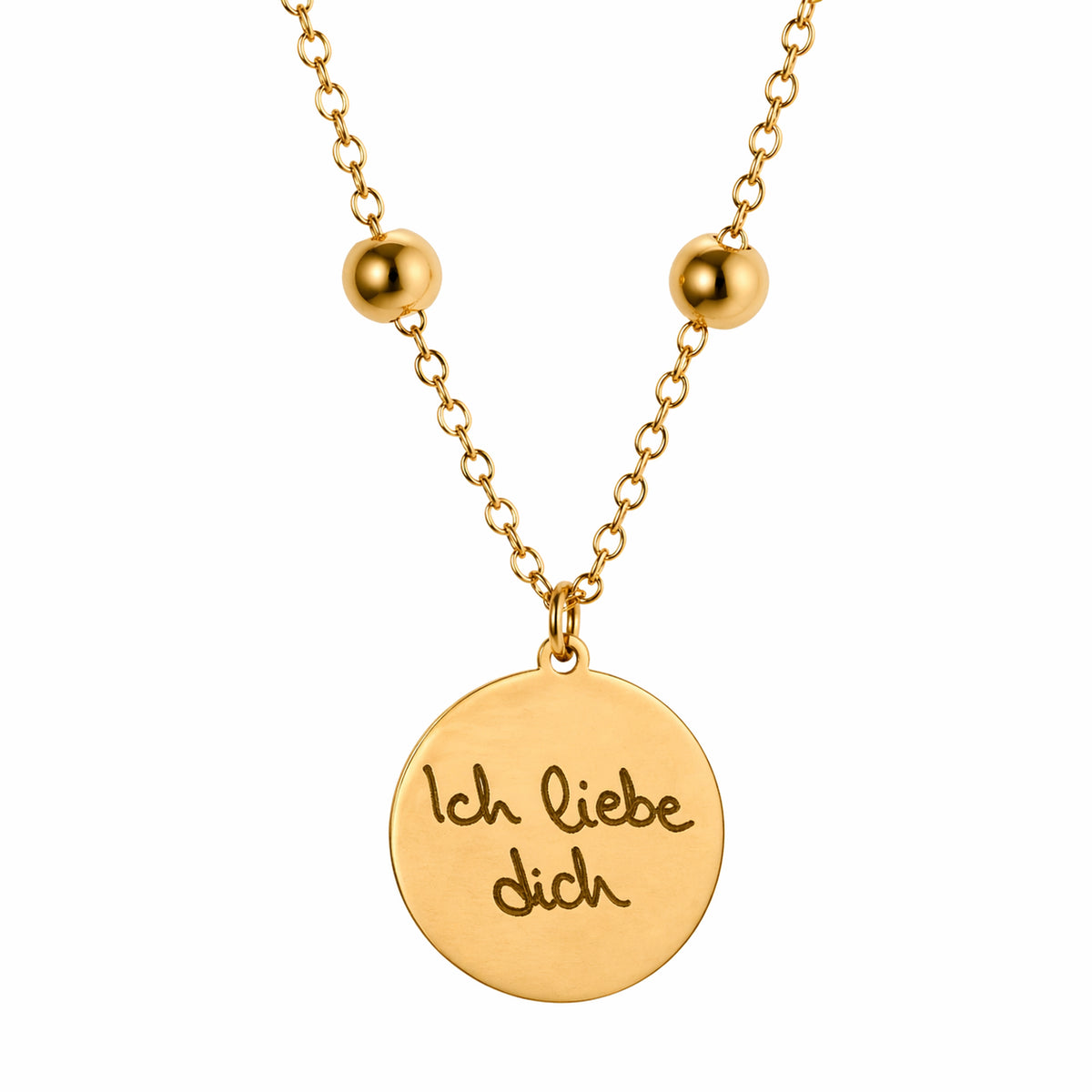 Goldene Edelstahl Halskette mit rundem Anhänger und Gravur „Ich liebe dich“ in Handschrift auf weißem Hintergrund