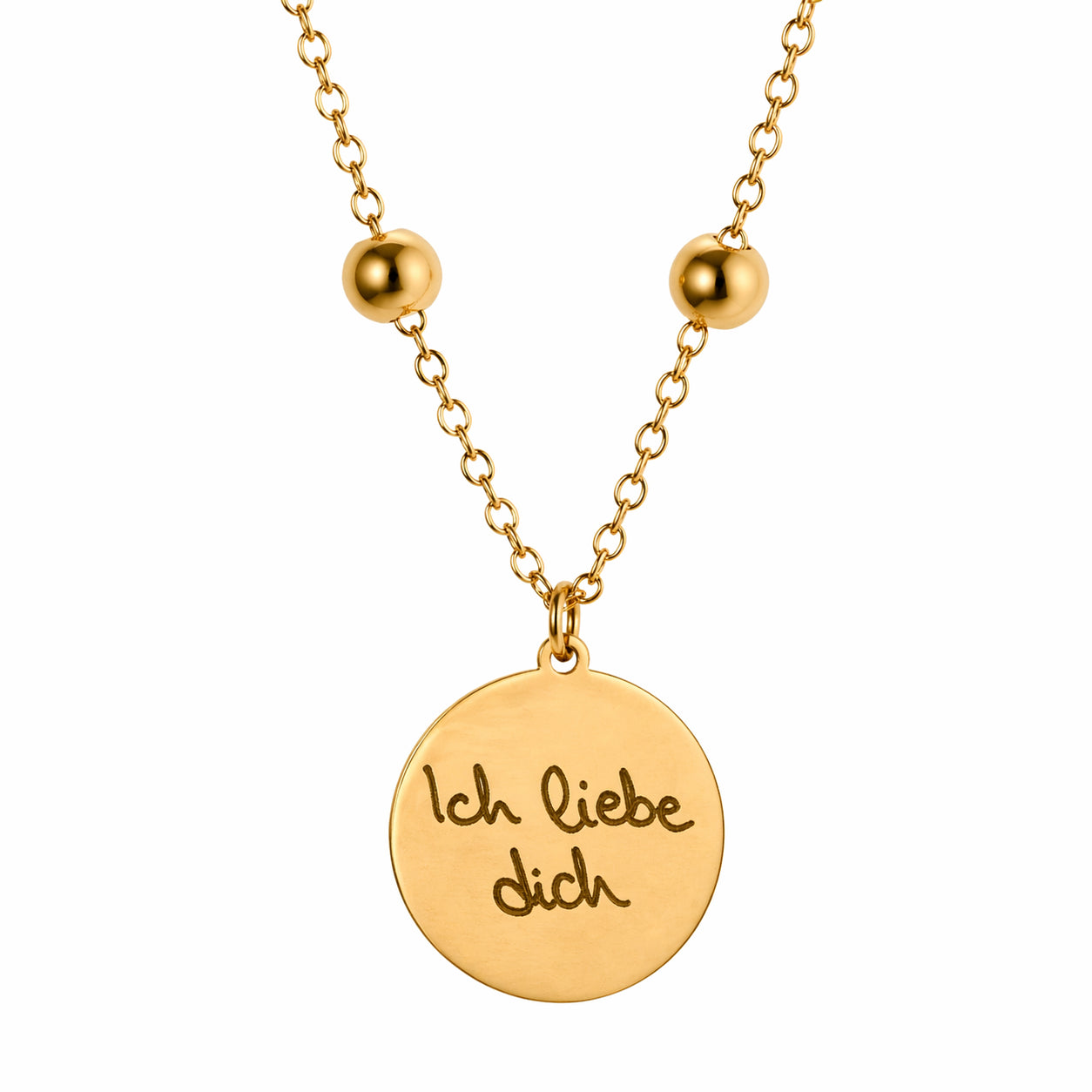Goldene Edelstahl Halskette mit rundem Anhänger und Gravur „Ich liebe dich“ in Handschrift auf weißem Hintergrund