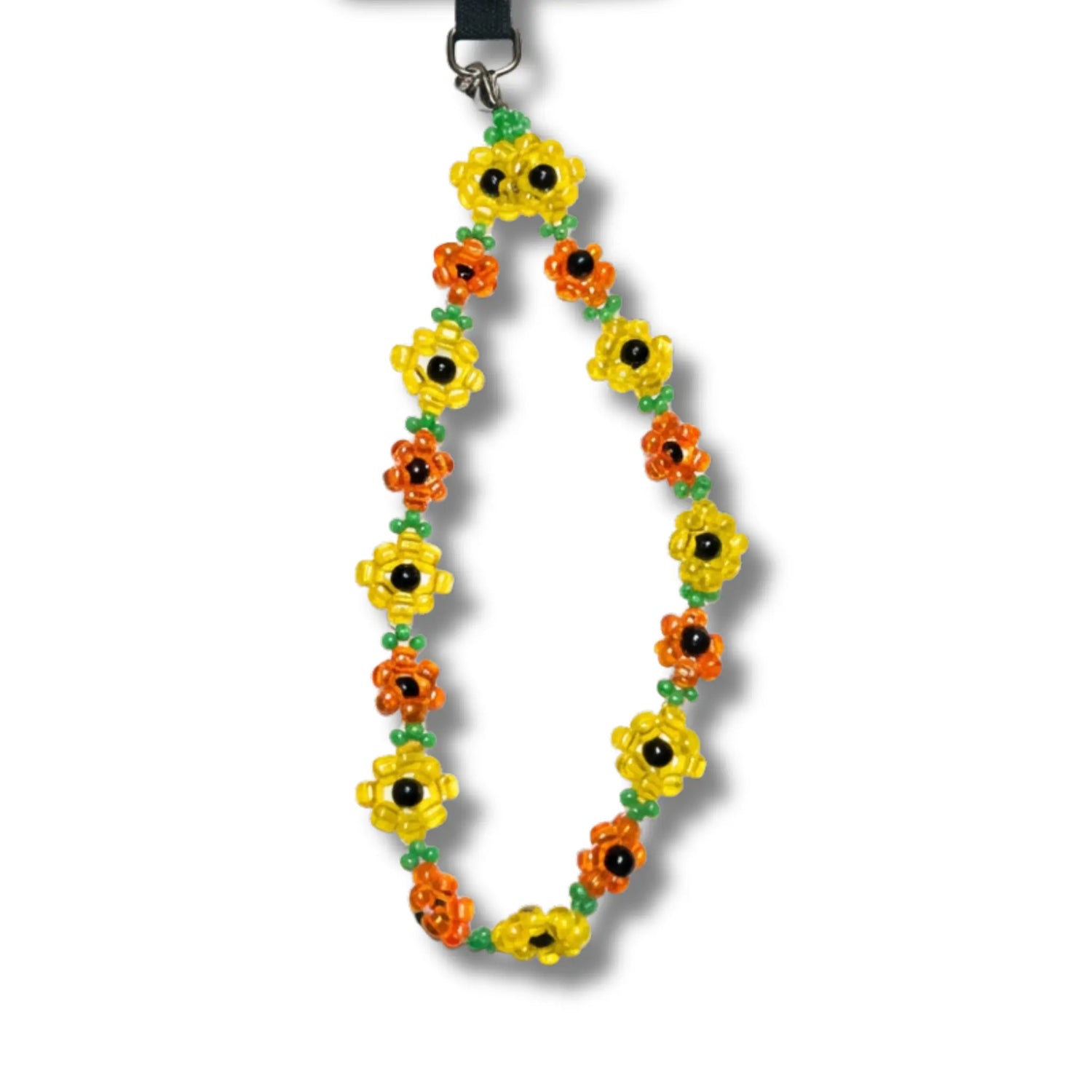 Handykette mit gelben und orangefarbenen Blumen-Perlen auf weißem Hintergrund