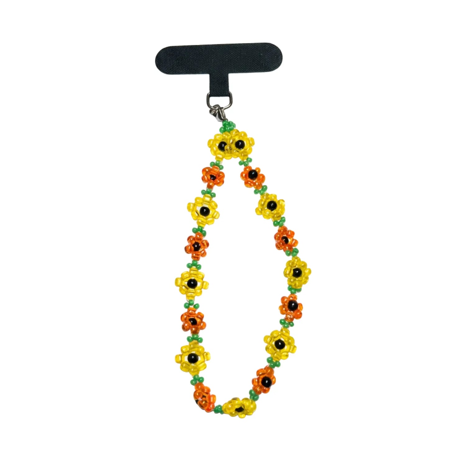 Buntes Blumen Handyband in Gelb und Orange mit schwarzer Befestigungsschlaufe