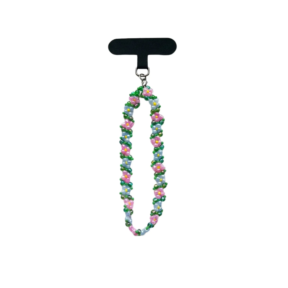 Handykette mit rosa und hellblauen Blumen-Perlen auf weißem Hintergrund