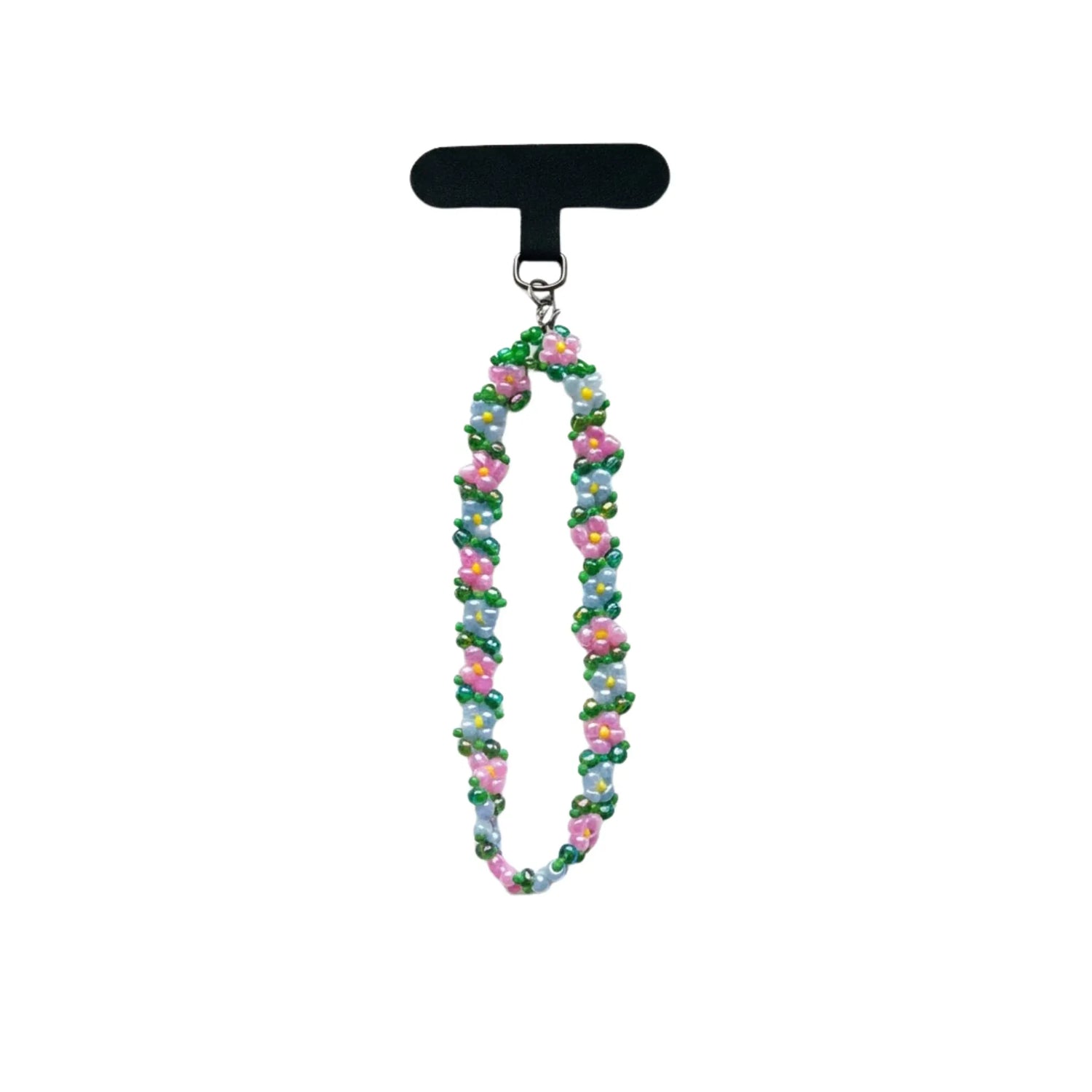 Handykette mit rosa und hellblauen Blumen-Perlen auf weißem Hintergrund