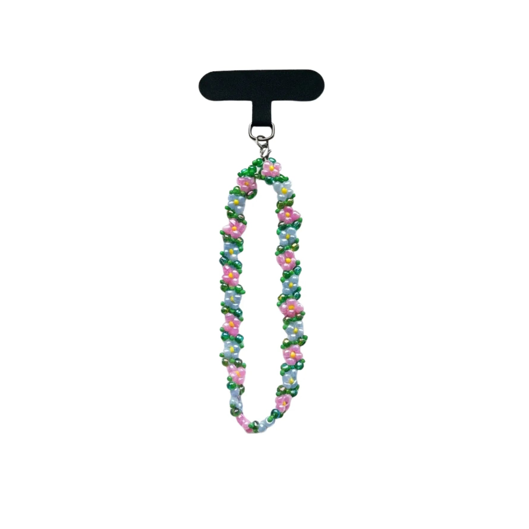 Handykette mit rosa und hellblauen Blumen-Perlen auf weißem Hintergrund