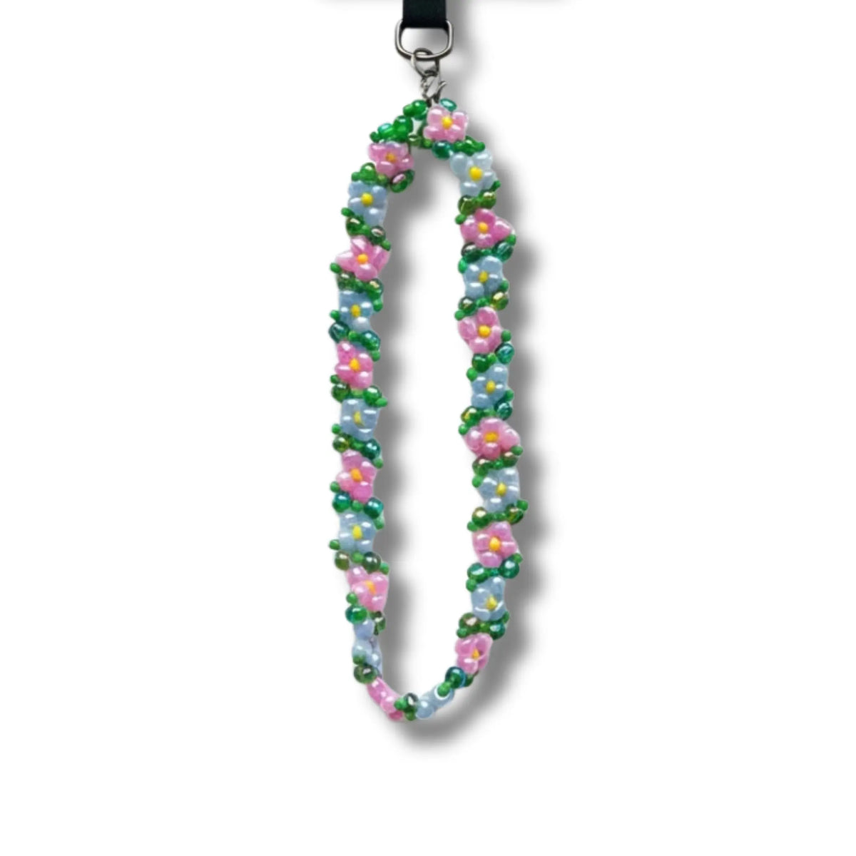 Blumen Handyband mit rosa und hellblauen Perlen und grünen Details
