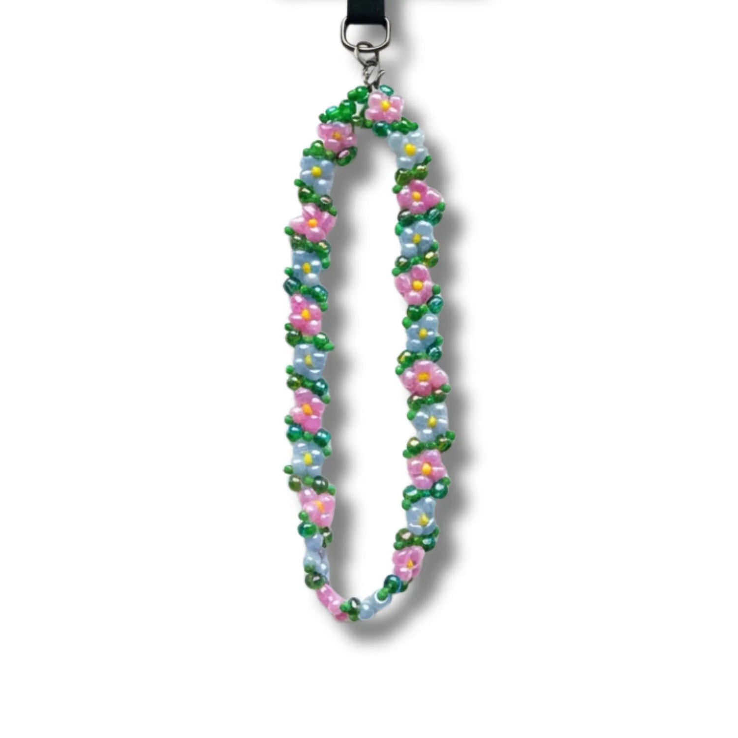 Blumen Handyband mit rosa und hellblauen Perlen und grünen Details