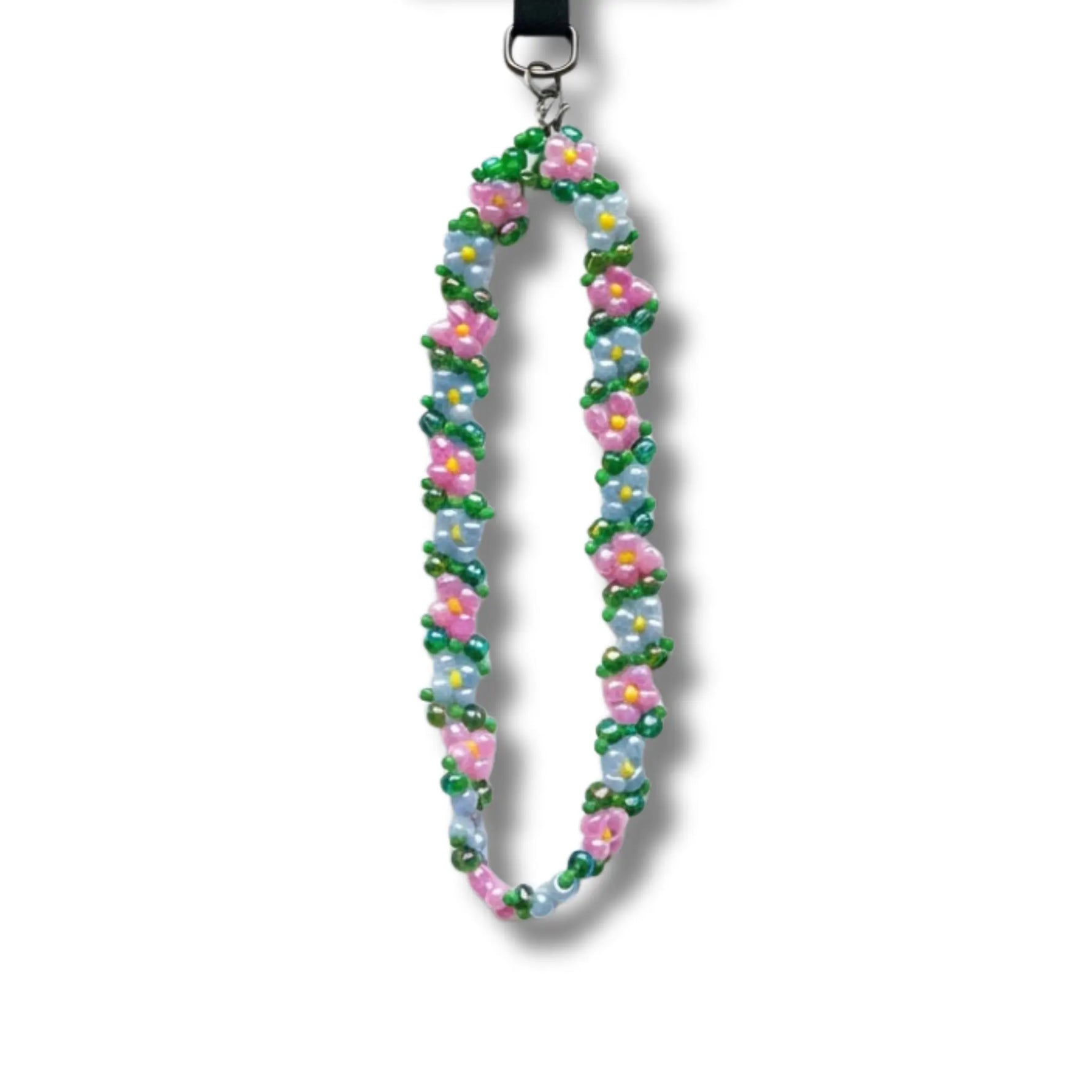 Blumen Handyband mit rosa und hellblauen Perlen und grünen Details