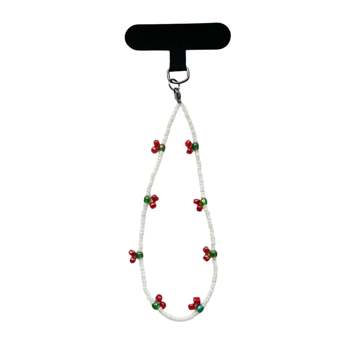 Handykette mit weißen Perlen und roten Kirschen-Details auf weißem Hintergrund