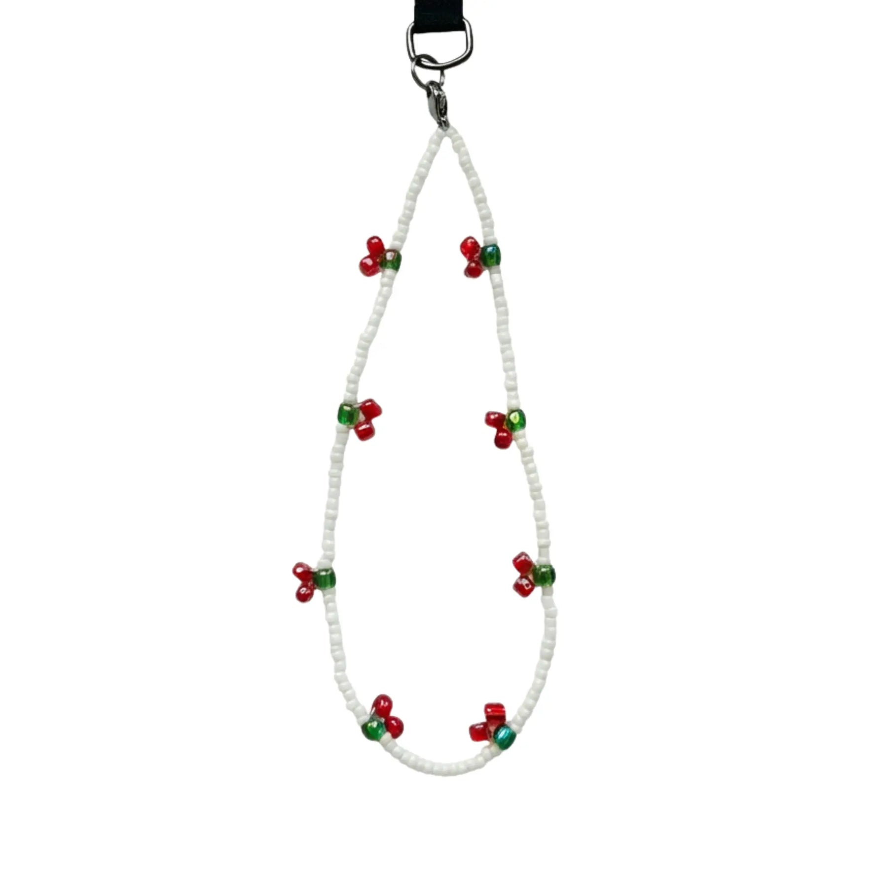 Blumenloses Handyband mit weißen Perlen und kleinen roten Kirsch-Anhängern