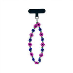 Bunte Handykette mit rosa und blauen Blumen-Perlen und schwarzer Befestigungsschlaufe