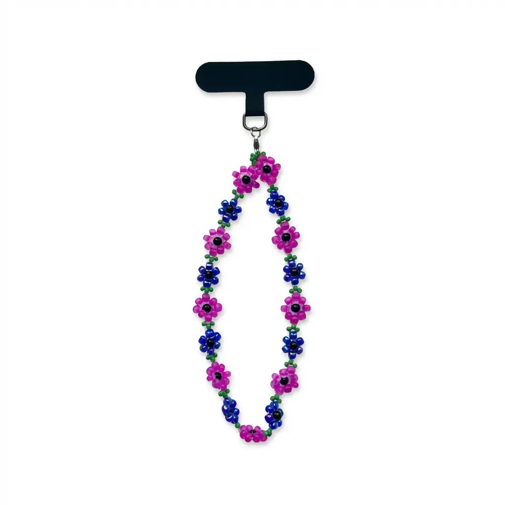 Bunte Handykette mit rosa und blauen Blumen-Perlen und schwarzer Befestigungsschlaufe