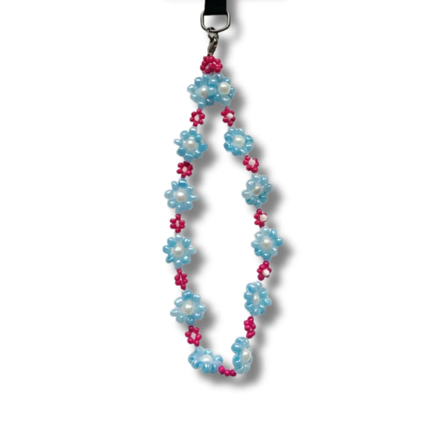 Blumen Handyband mit hellblauen Perlen-Blüten und pinken Zwischenperlen