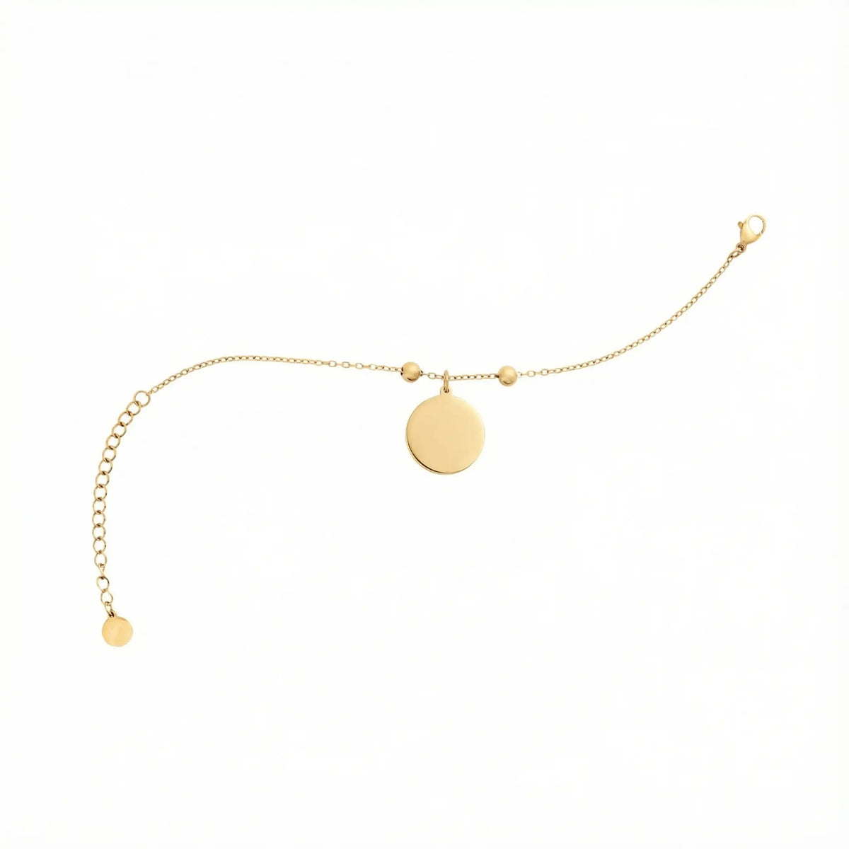 Goldfarbenes Edelstahlarmband mit feiner Kette, zwei kleinen Stopper-Perlen und einem glatten runden Anhänger, der individuell mit einer Zeichnung oder Gravur personalisiert werden kann.